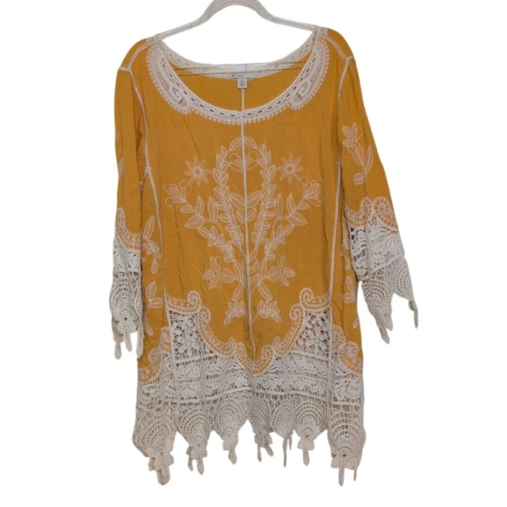 Cato Floral Embroidered Shirt Womens Size XL Yellow Crochet Lace Boho Tunic